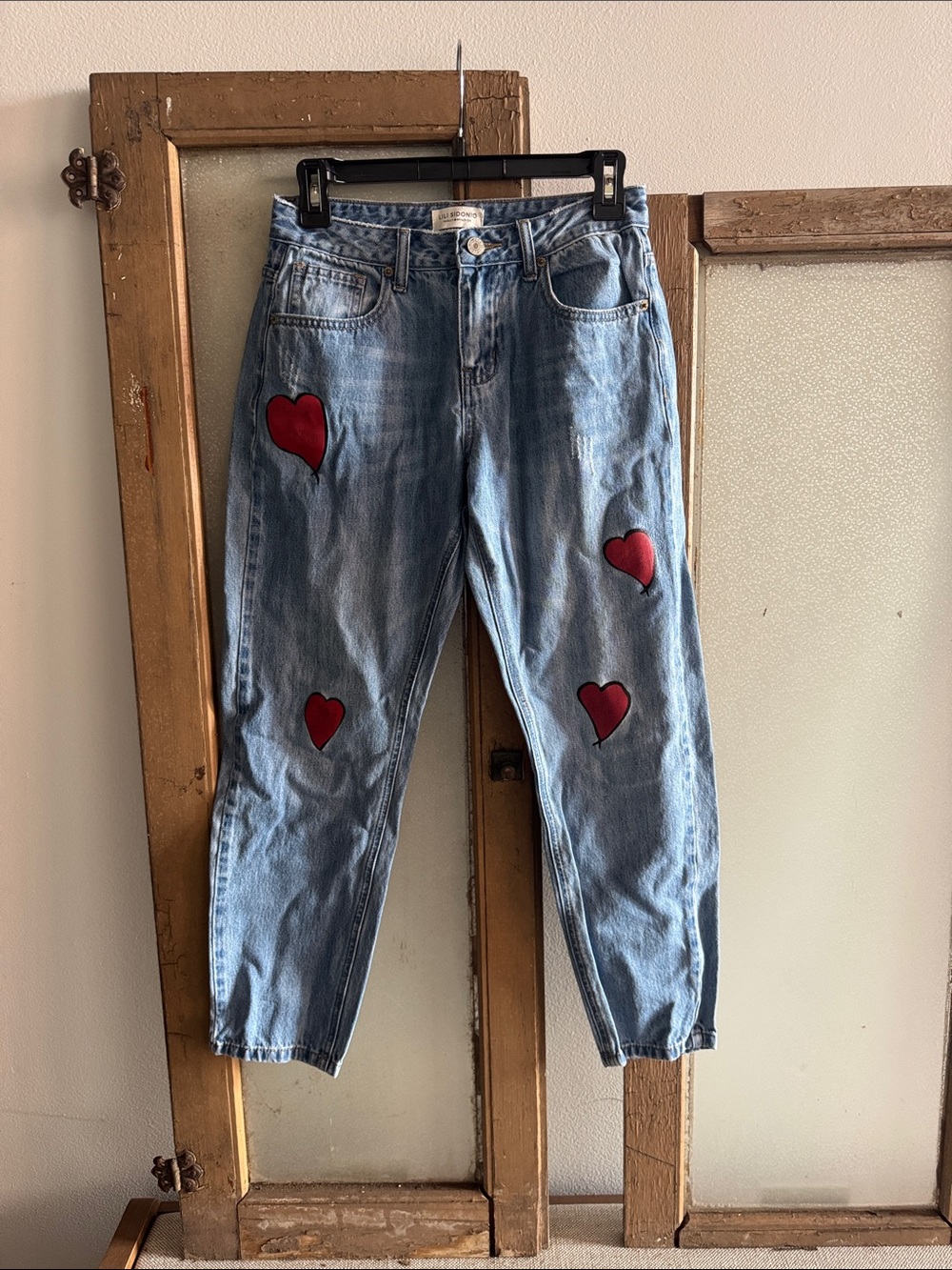 Light Wash Straight-Leg Jeans with Red Heart Patches